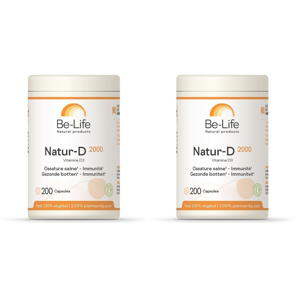 Twee witte potten met opschrift Be-Life Natur-D 2000. Opschrift: 200 capsules. Oranje logo. Tekst in het Frans en Nederlands.