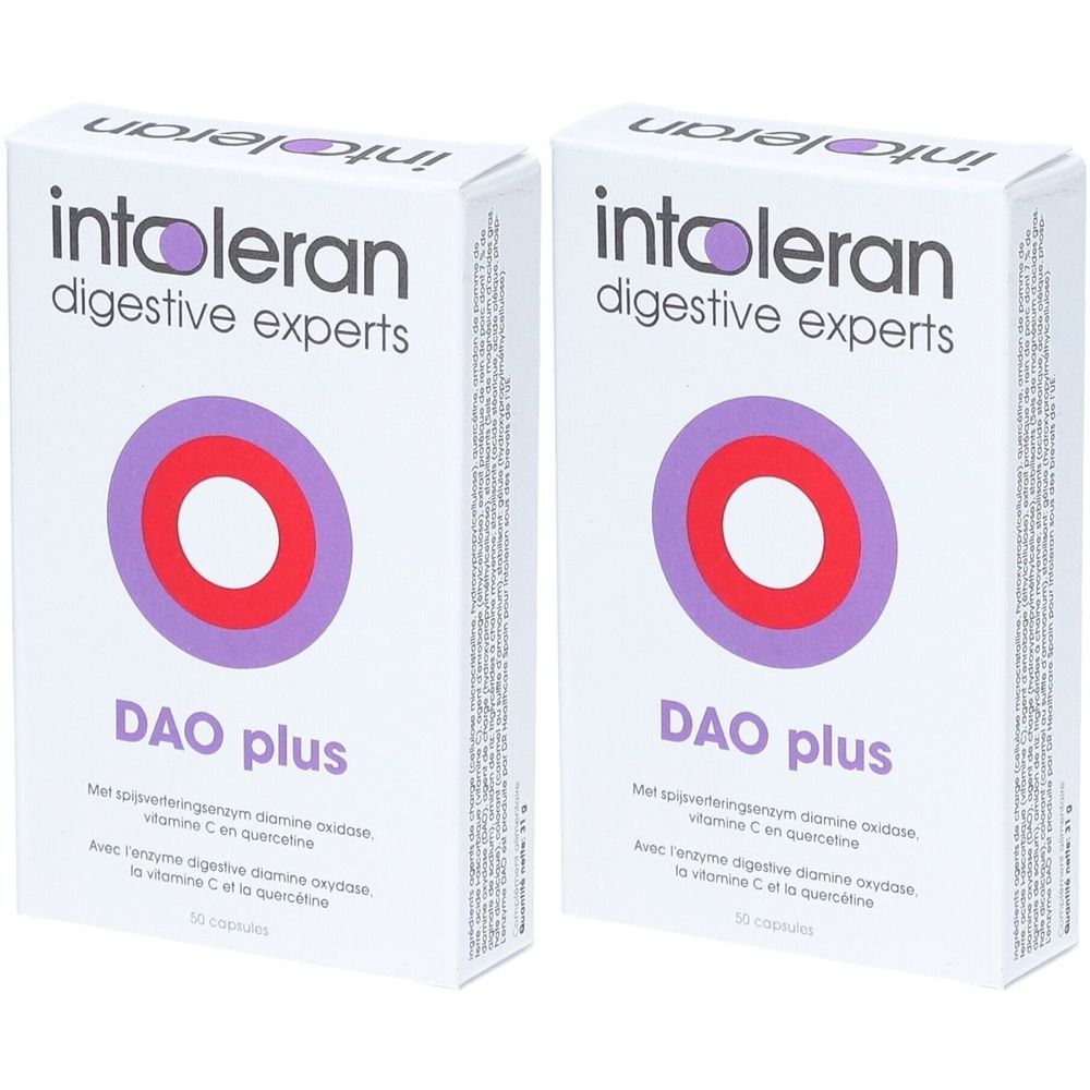 Twee witte dozen met 'intoleran digestive experts' en 'DAO plus'. Paarse, rode en witte cirkel.
