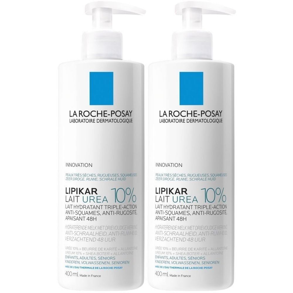 Twee witte flessen met pomp. Opschrift: La Roche-Posay, Lipikar Lait Urea 10%. Blauw vierkant merkteken.