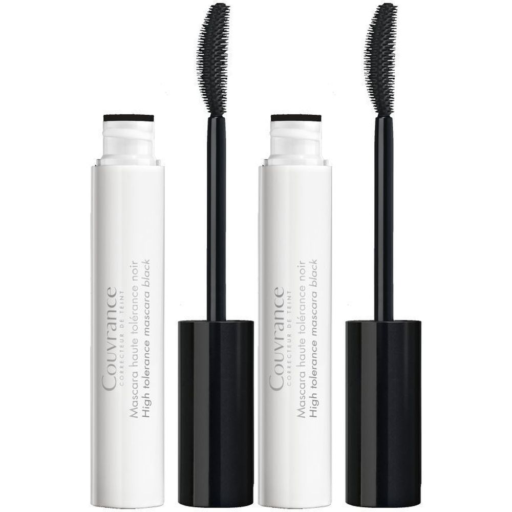 Twee mascara's met zwarte borstels. Witte tubes met zwarte doppen. Opschrift: Couvrance, Mascara haute tolérance noir, High tolerance mascara black.