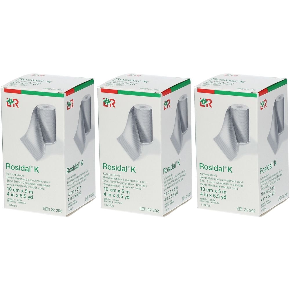 Drie verpakkingen Rosidal K compressieverband. Elke verpakking toont een rol verband en productinformatie. Afmeting: 10 cm x 5 m.