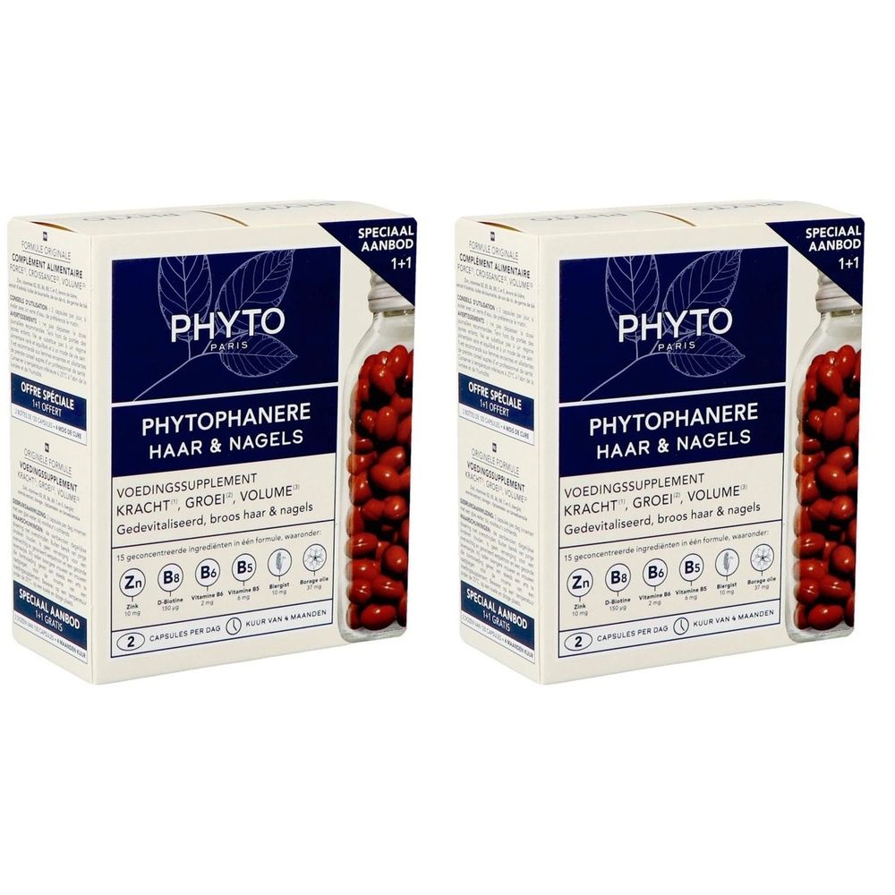 Twee dozen met capsules. Opschrift: PHYTO, PHYTOPHANERE, HAAR & NAGELS. Speciale aanbieding 1+1.