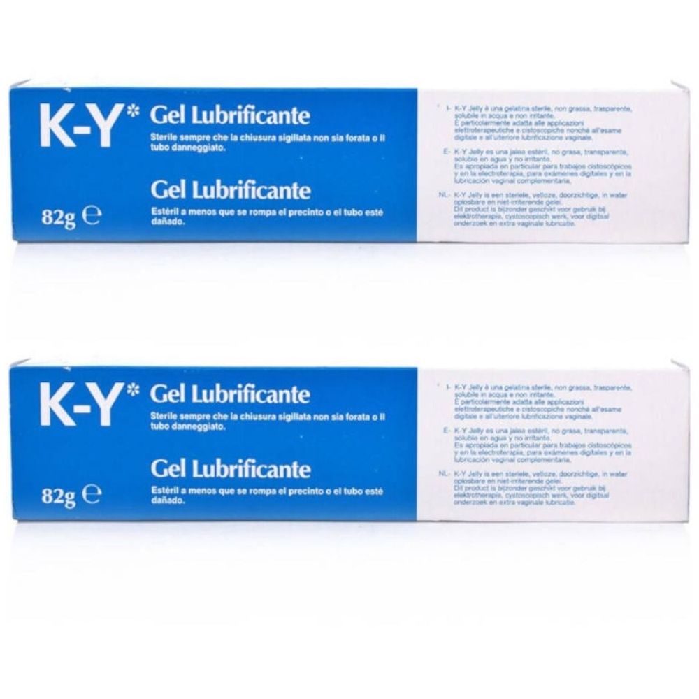 Twee tubes K-Y Gel Lubrificante. Blauwe en witte verpakking. Opschrift: Gel Lubrificante. Gewicht: 82g.
