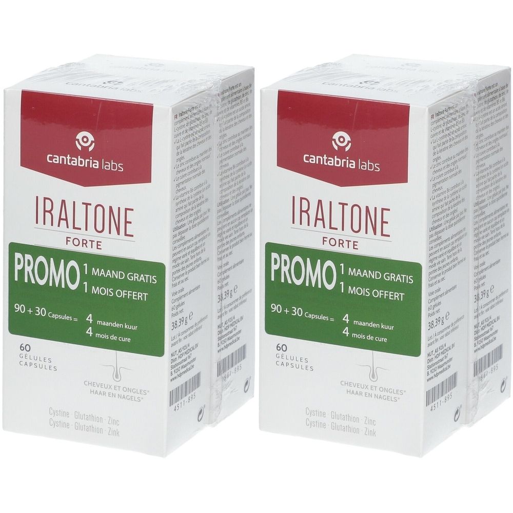 Deux boîtes de IRALTONE FORTE. Inscription PROMO, 1 mois offert. Contient 60 gélules. Marque : cantabria labs.