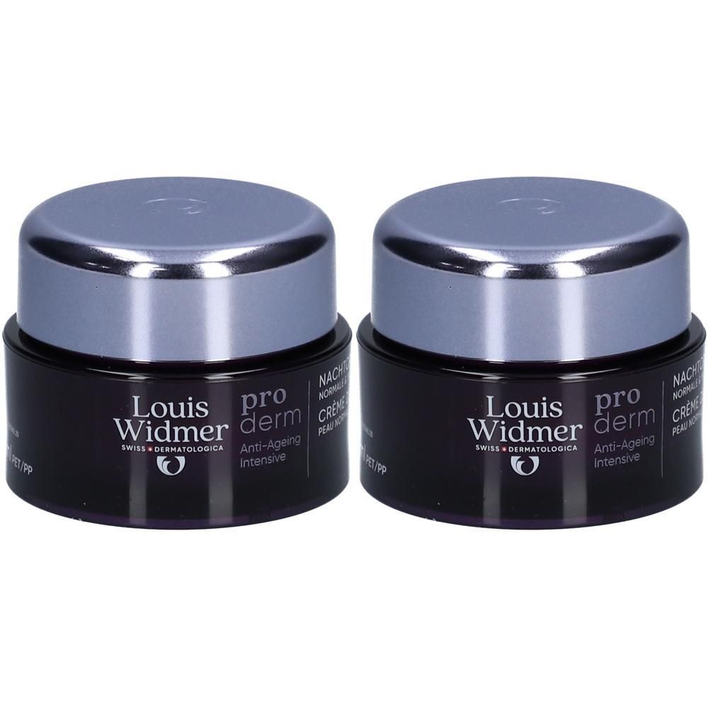 Twee potjes Louis Widmer Proderm Anti-Ageing nachtcrème. Zwarte potjes met zilveren deksels. Tekst: Anti-Ageing Intensive.