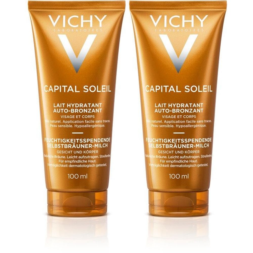 Deux tubes de crème bronzante. Inscription: VICHY, CAPITAL SOLEIL, Lait Hydratant Auto-Bronzant. 100 ml.