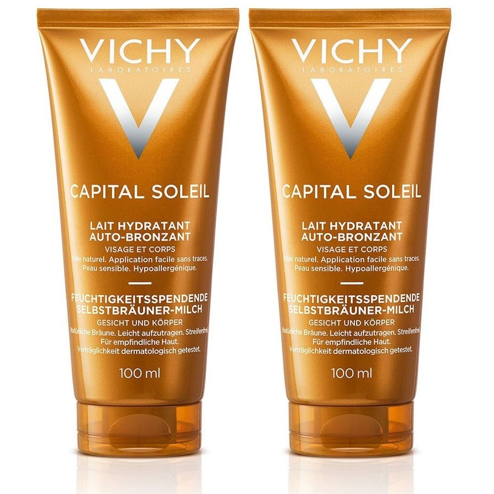 Twee tubes Vichy Capital Soleil Autobronzant. Gouden verpakking met witte tekst. Bevat 100 ml.
