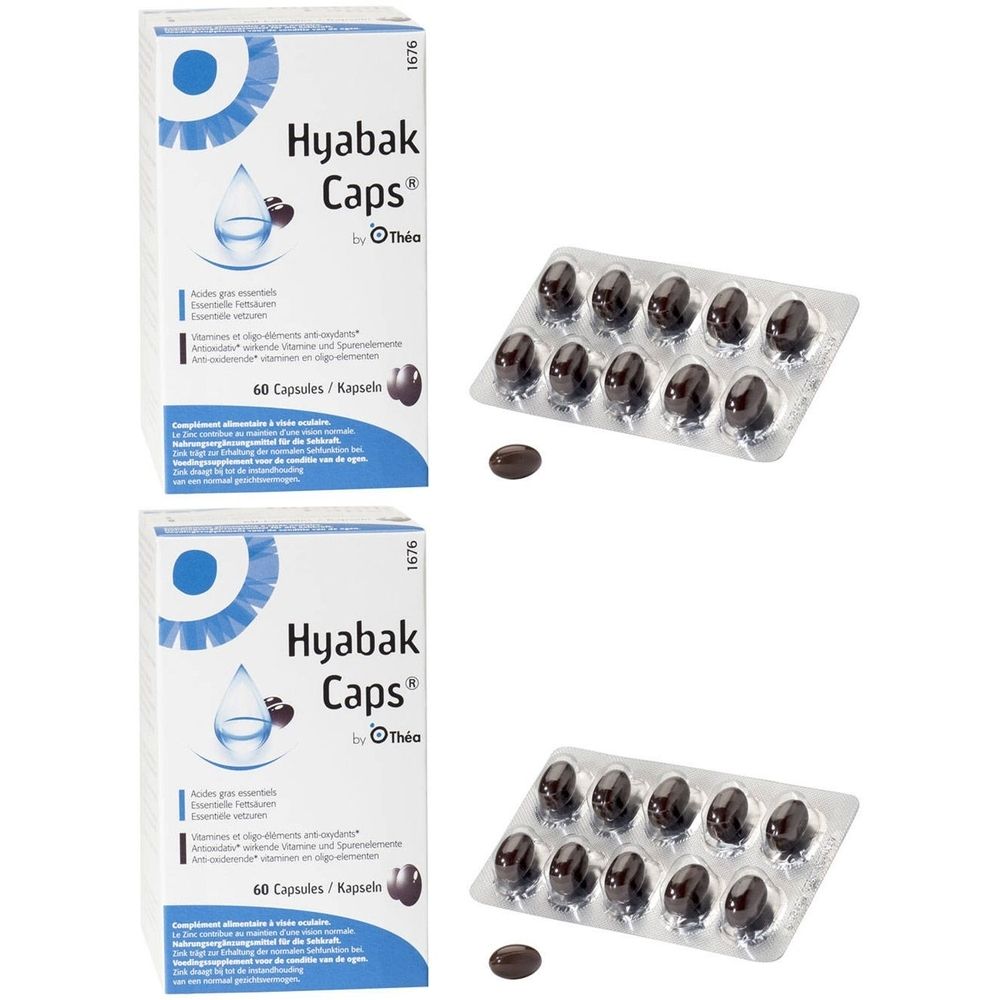 Twee dozen en twee blisterverpakkingen met capsules. Op de dozen staat "Hyabak Caps" en "60 Capsules".