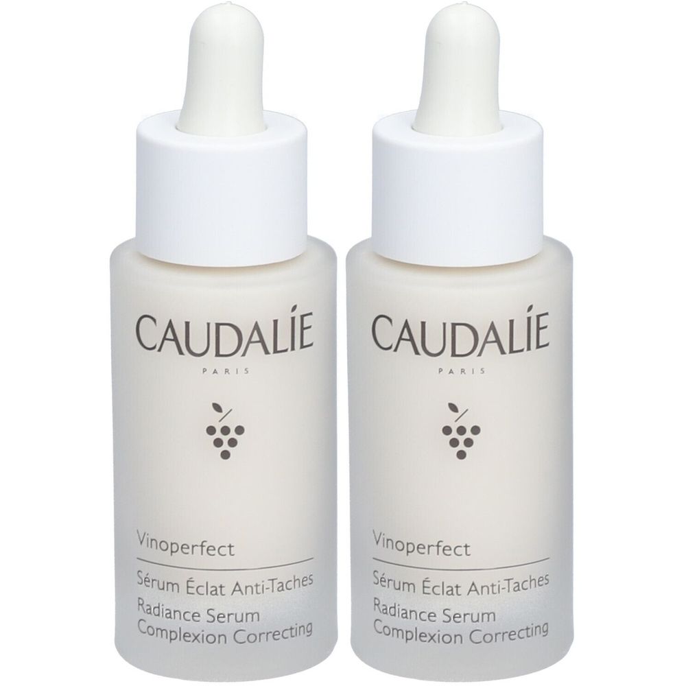 Deux flacons avec bouchon blanc et pipette. Marque CAUDALIE et Vinoperfect. Texte: Sérum Éclat Anti-Taches, Radiance Serum, Complexion Correcting.