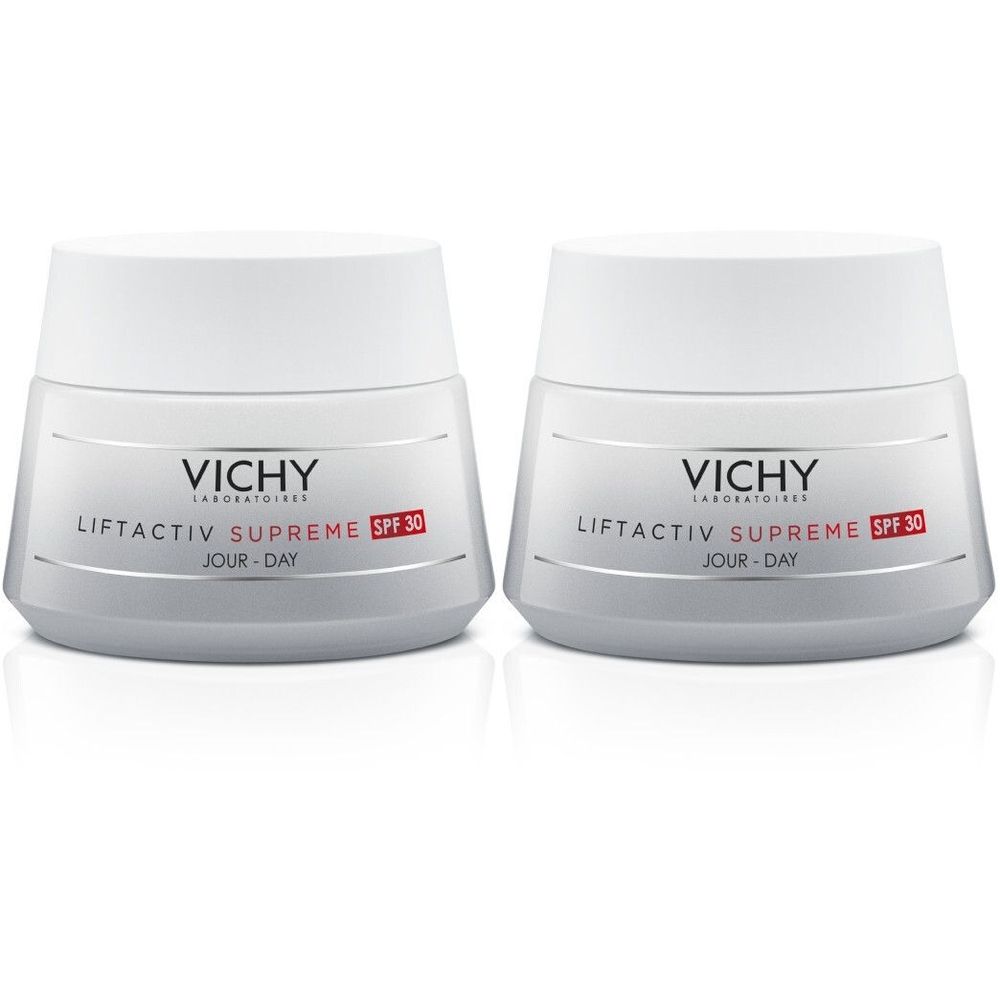 Deux pots de crème avec couvercles blancs. Inscription : VICHY LIFTACTIV SUPREME SPF 30 JOUR-DAY.