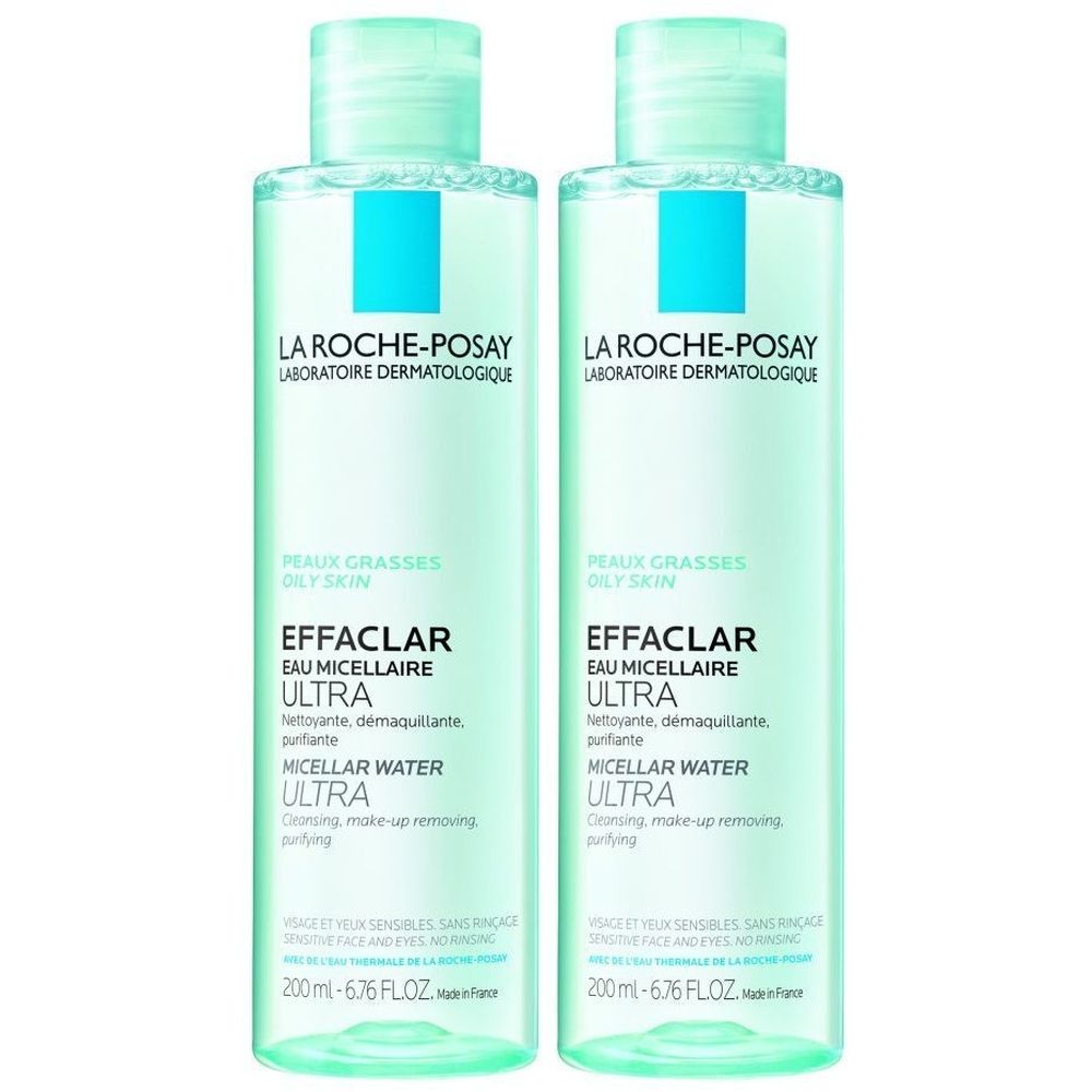Twee flessen La Roche-Posay Effaclar Eau Micellaire Ultra. Groenachtige vloeistof in transparante flessen met lichtgroene doppen.