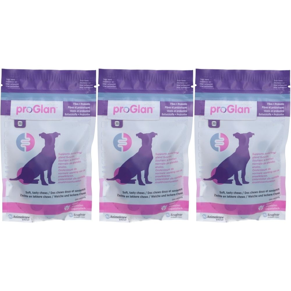 Drie zakjes proGlan. Elk zakje heeft een paars silhouet van een hond. Meertalige tekst.