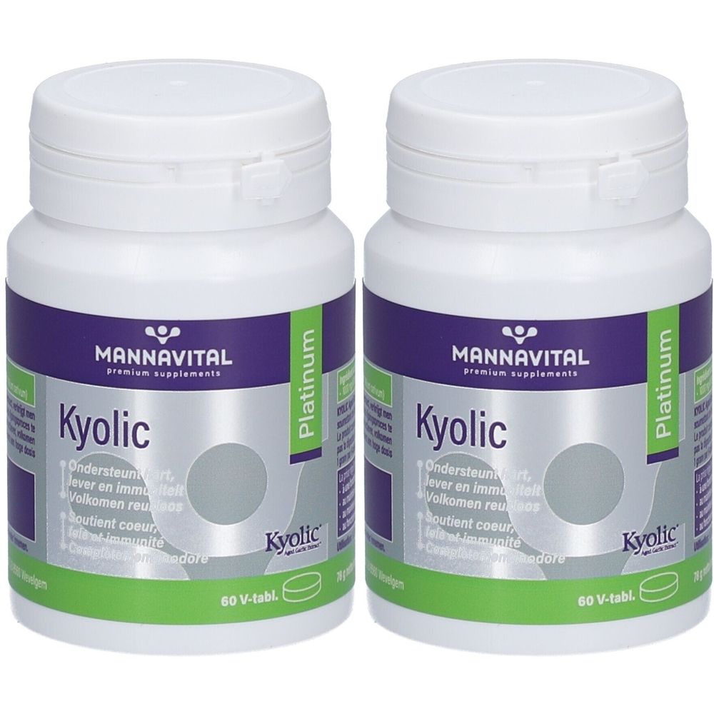 Twee witte flessen met paarse en groene etiketten. De etiketten tonen "MANNAVITAL Kyolic Platinum".