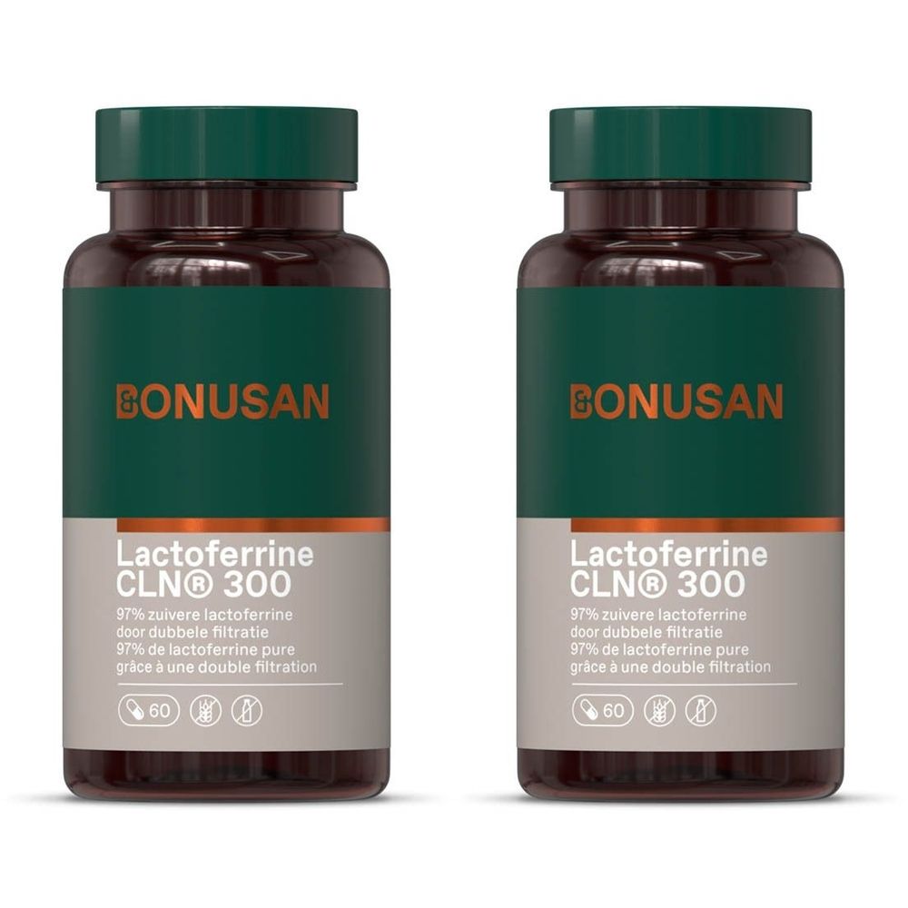 Twee flessen met groene dop en etiket. Opschrift: BONUSAN, Lactoferrine CLN® 300. Bevat 60 capsules.
