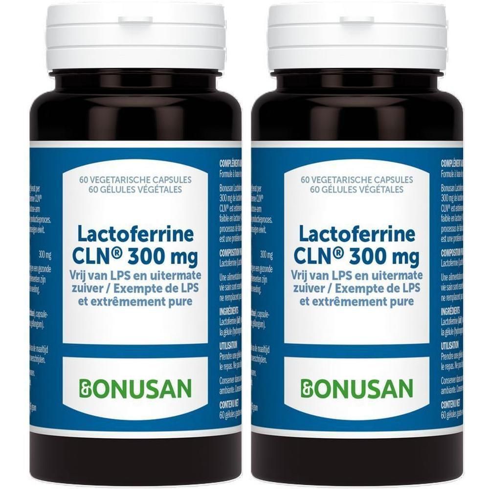 Twee flessen Bonusan Laktoferrine CLN® 300 mg. Blauwe etiketten, witte deksels. Tekst: Laktoferrine CLN® 300 mg, Bonusan.