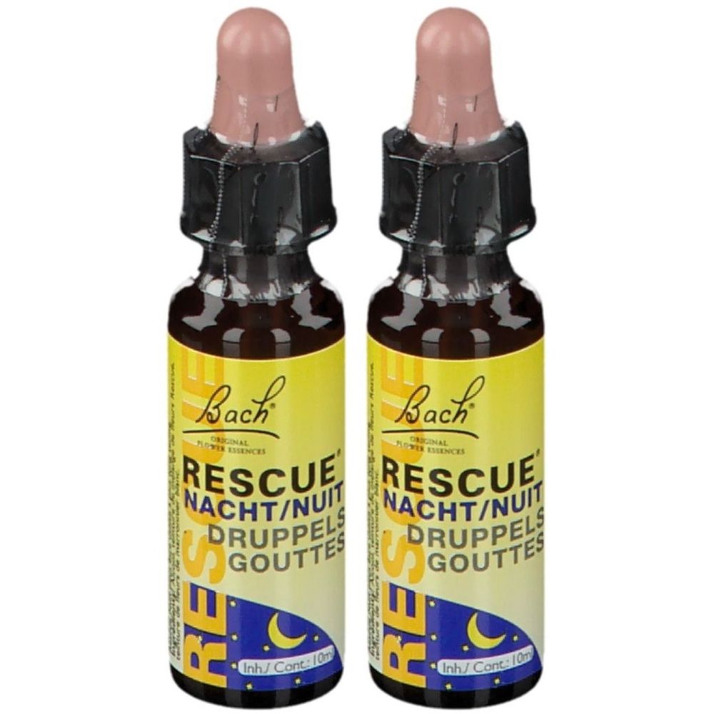 Twee flesjes bruine vloeistof met roze druppelaars. Gele etiketten met "Bach Rescue Nacht/Nuit" en een maan.