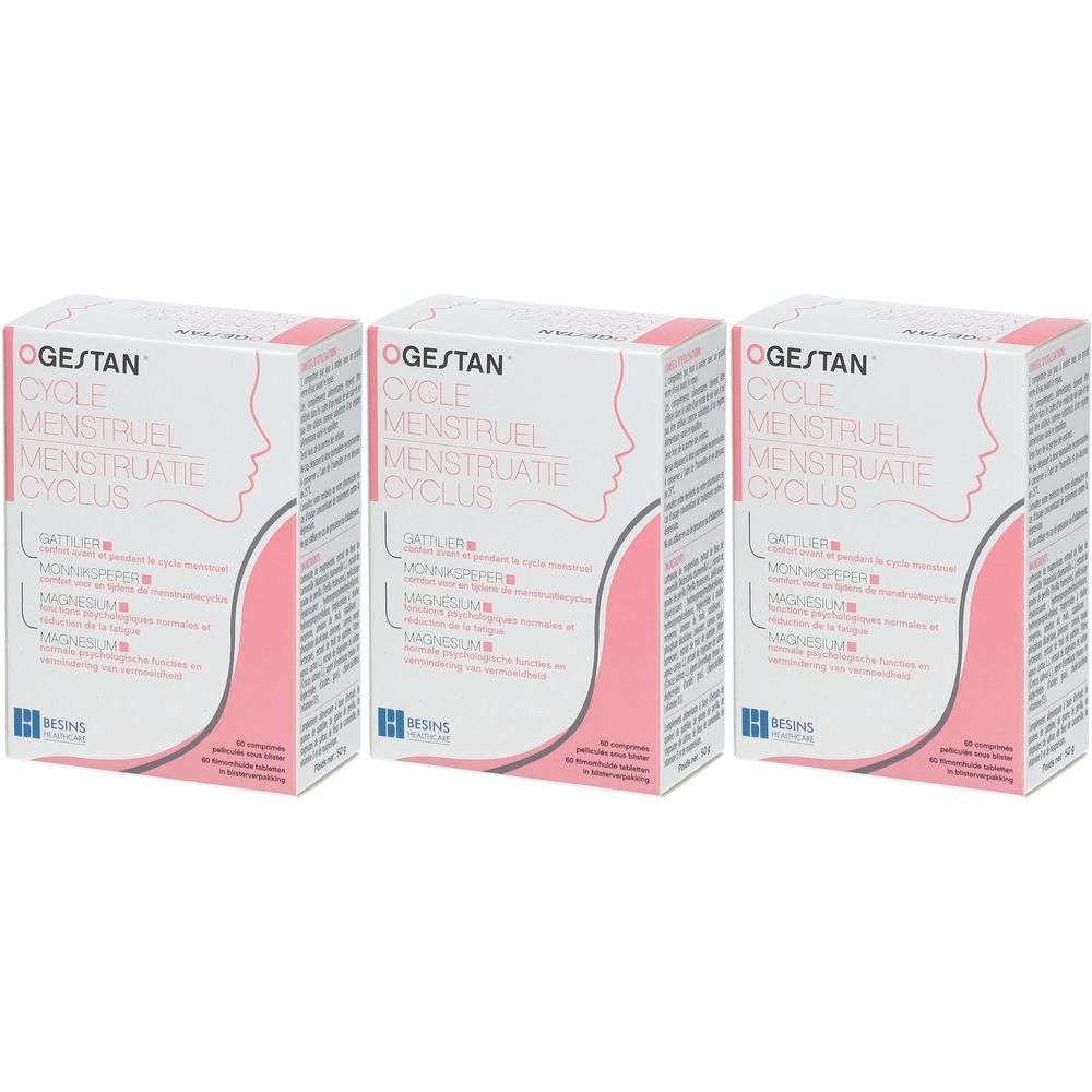 Drie dozen Ogestan Cycle Menstruel. Witte verpakking met roze accenten en productnamen in meerdere talen. Vrouwenprofiel.