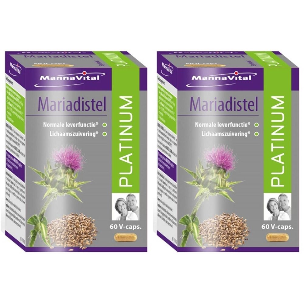 Twee dozen Mariadistel Platinum. Opschriften: MannaVital, Mariadistel, Platinum. Illustratie van een distelbloem en zaden.
