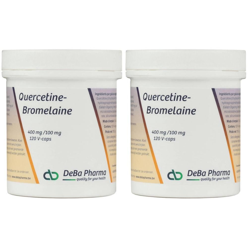 Twee witte potten met opschrift Quercetine-Bromelaine, 400 mg/100 mg, 120 V-caps. DeBa Pharma logo.