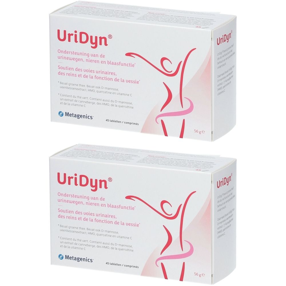 Twee witte dozen met UriDyn. Tekst in het Nederlands en Frans. Metagenics logo. Illustratie van een persoon in roze.