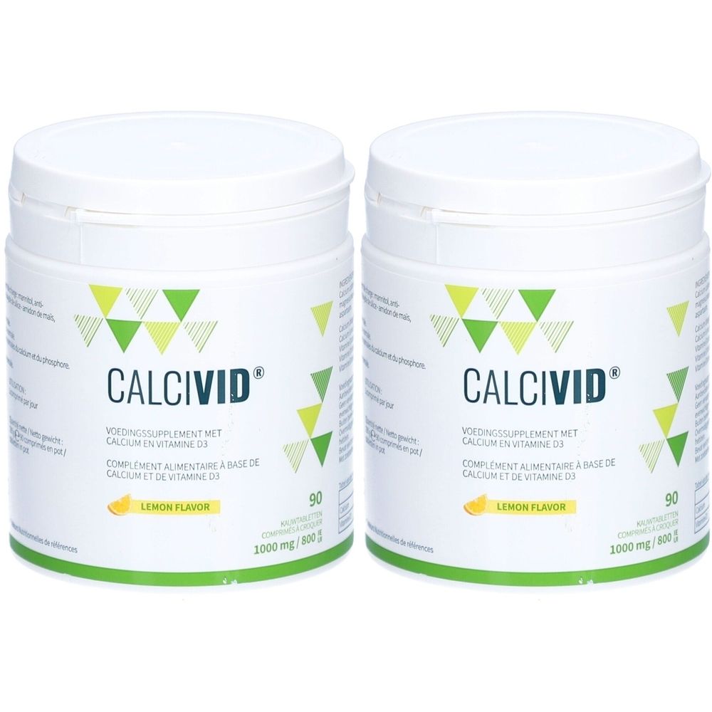 Twee witte potten CALCIVID. Opschrift: Voedingssupplement met calcium en vitamine D3. Met citroensmaak. 90 tabletten.