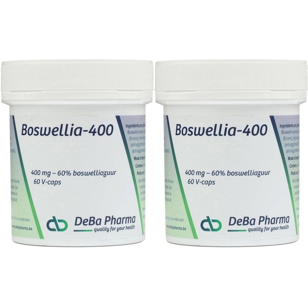 Twee witte potten met de tekst Boswellia-400. Opschrift: 400 mg - 60% boswelliazuur, 60 V-caps. Merk: DeBa Pharma.