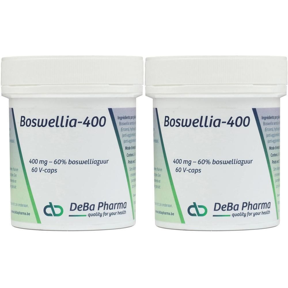 Twee witte potten met deksels. Opschrift: Boswellia-400, 400 mg - 60% boswelliazuur, 60 V-caps. DeBa Pharma logo.