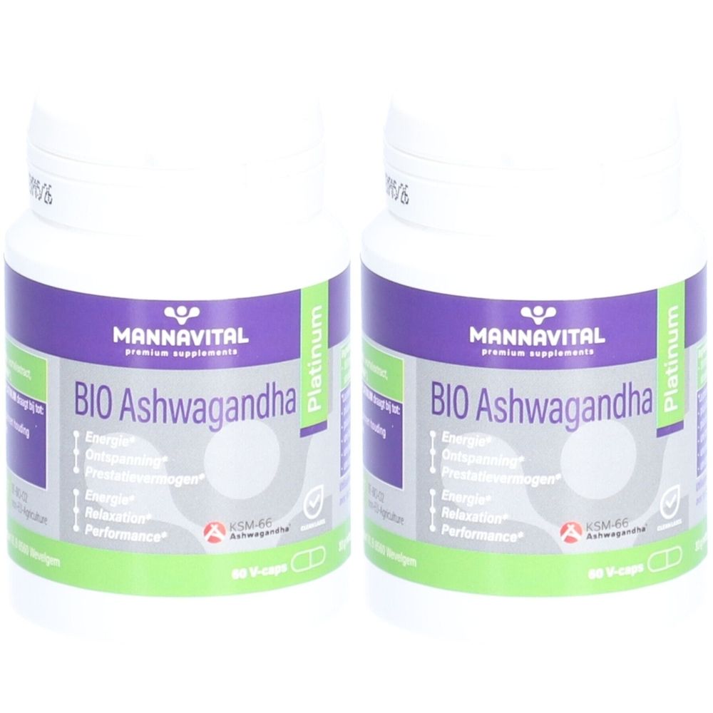 Twee witte flessen met paarse etiketten. Opschrift: Mannavital BIO Ashwagandha Platinum. KSM-66 Ashwagandha.