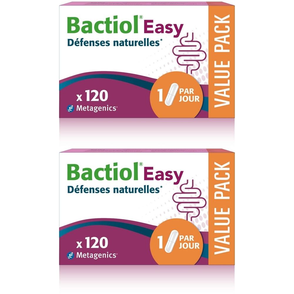 Deux boîtes de Bactiol Easy. Boîtes blanches avec des accents violets et oranges. Texte: Bactiol Easy, x120, 1/jour, Value Pack.
