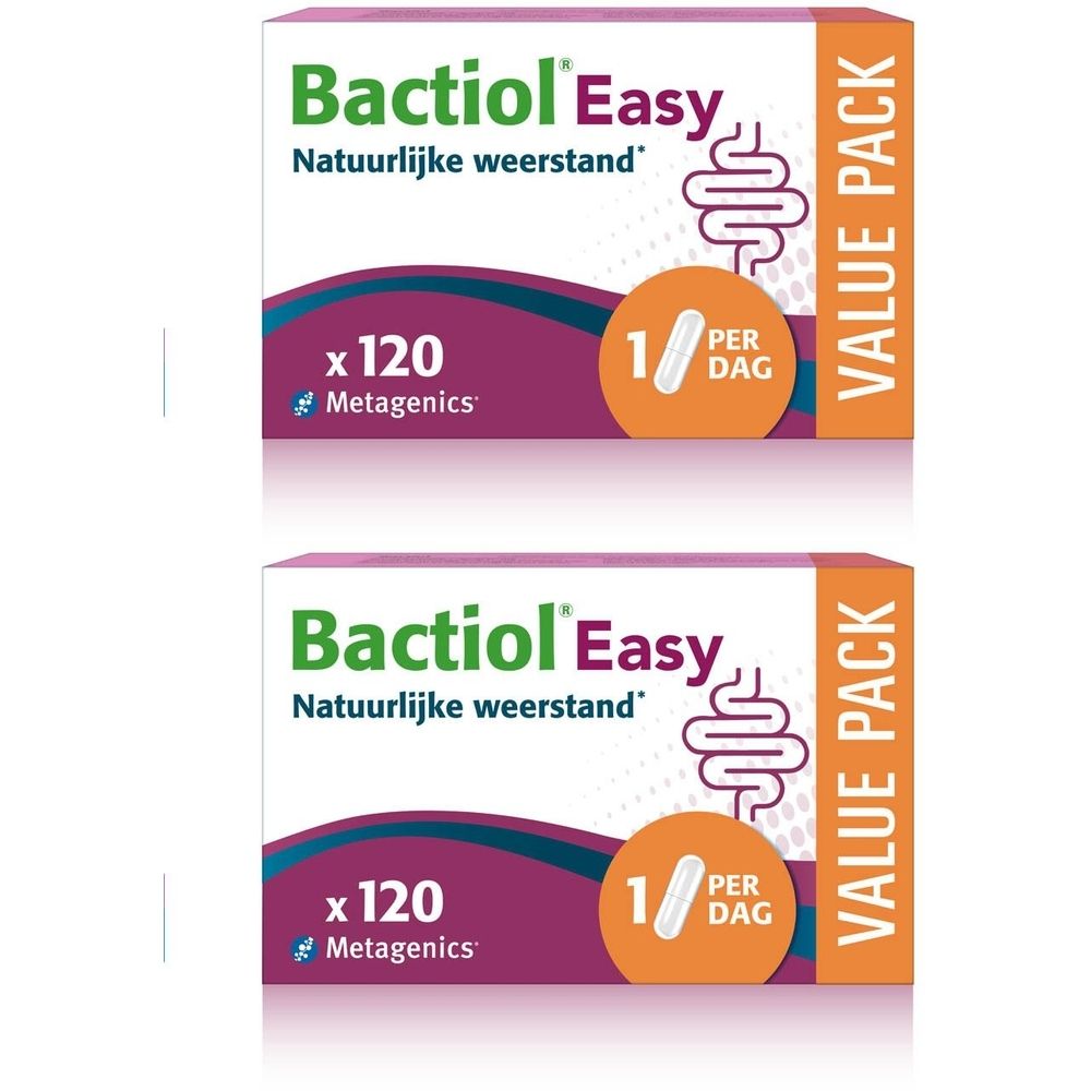 Twee verpakkingen Bactiol Easy. Witte dozen met paarse en oranje accenten. Tekst: Bactiol Easy, x120, 1/dag, Value Pack.