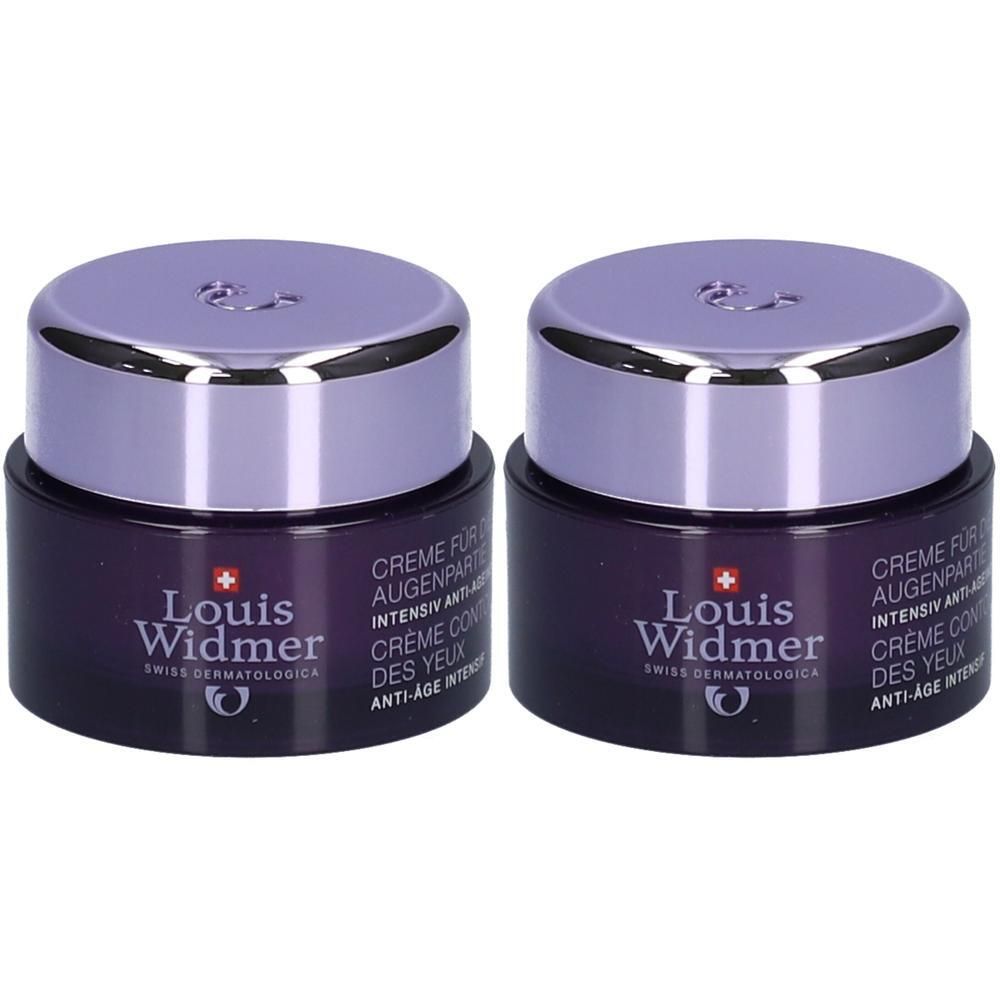 Deux pots de crème pour les yeux Louis Widmer Proderm. Pots violets foncés avec couvercles argentés. Inscription: Louis Widmer.
