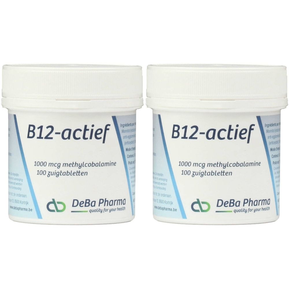 Deux pots blancs avec couvercles. Inscription : B12-actief, 1000 mcg méthylcobalamine, 100 comprimés à sucer. Logo DeBa Pharma.