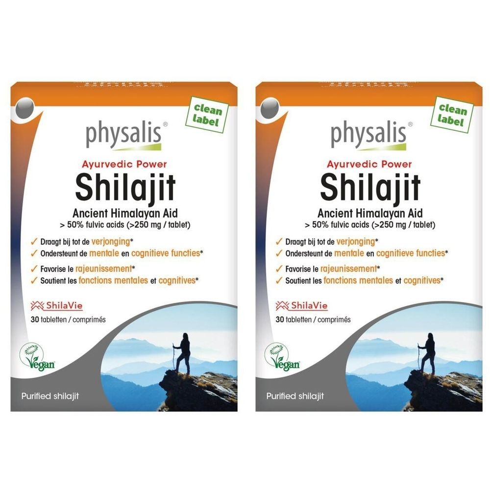 Twee verpakkingen PHYSALIS® Shilajit. Witte tablettenverpakking met productnaam en informatie. Vegan-label.