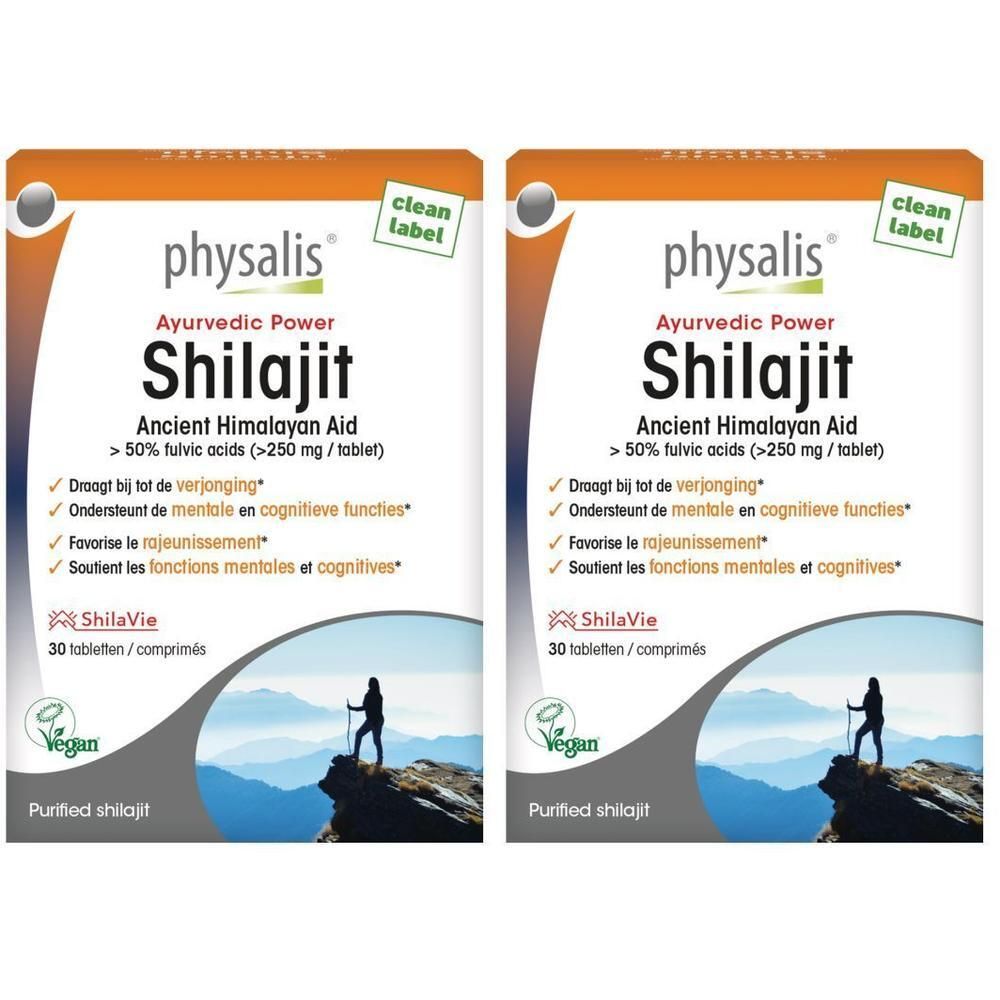 Twee verpakkingen PHYSALIS Shilajit, 30 tabletten per verpakking. Bevat 50% fulvinezuur.