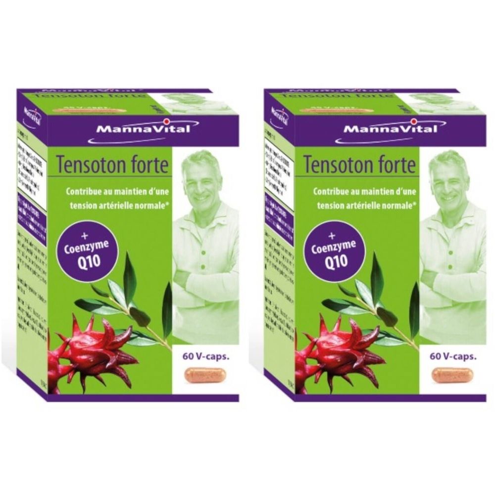 Twee dozen Mannavital Tensoton Forte. Opschrift: Tensoton forte, Co-enzym Q10, 60 V-caps. Afbeelding van een man en een plant.