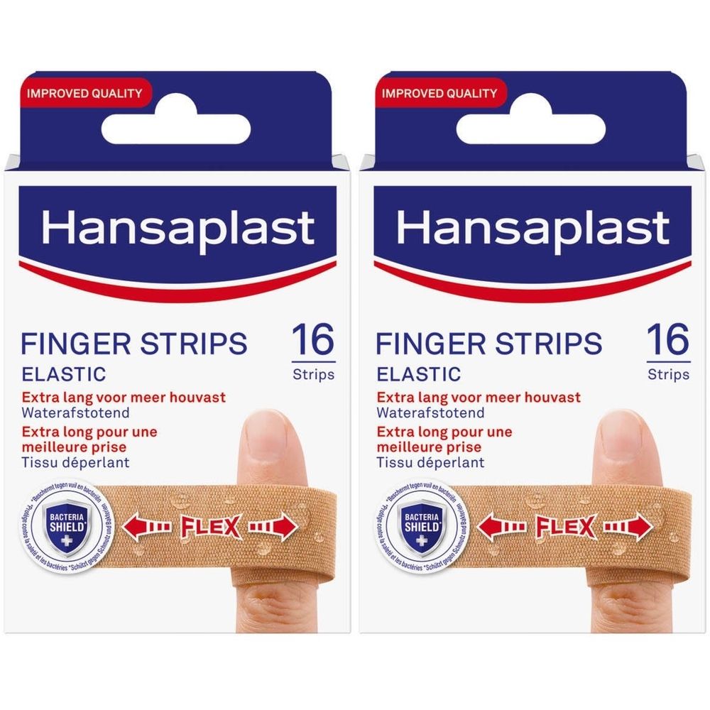 Deux boîtes de pansements Hansaplast Finger Strips. Chaque boîte indique "16 pansements". Des pansements sont appliqués sur les doigts.