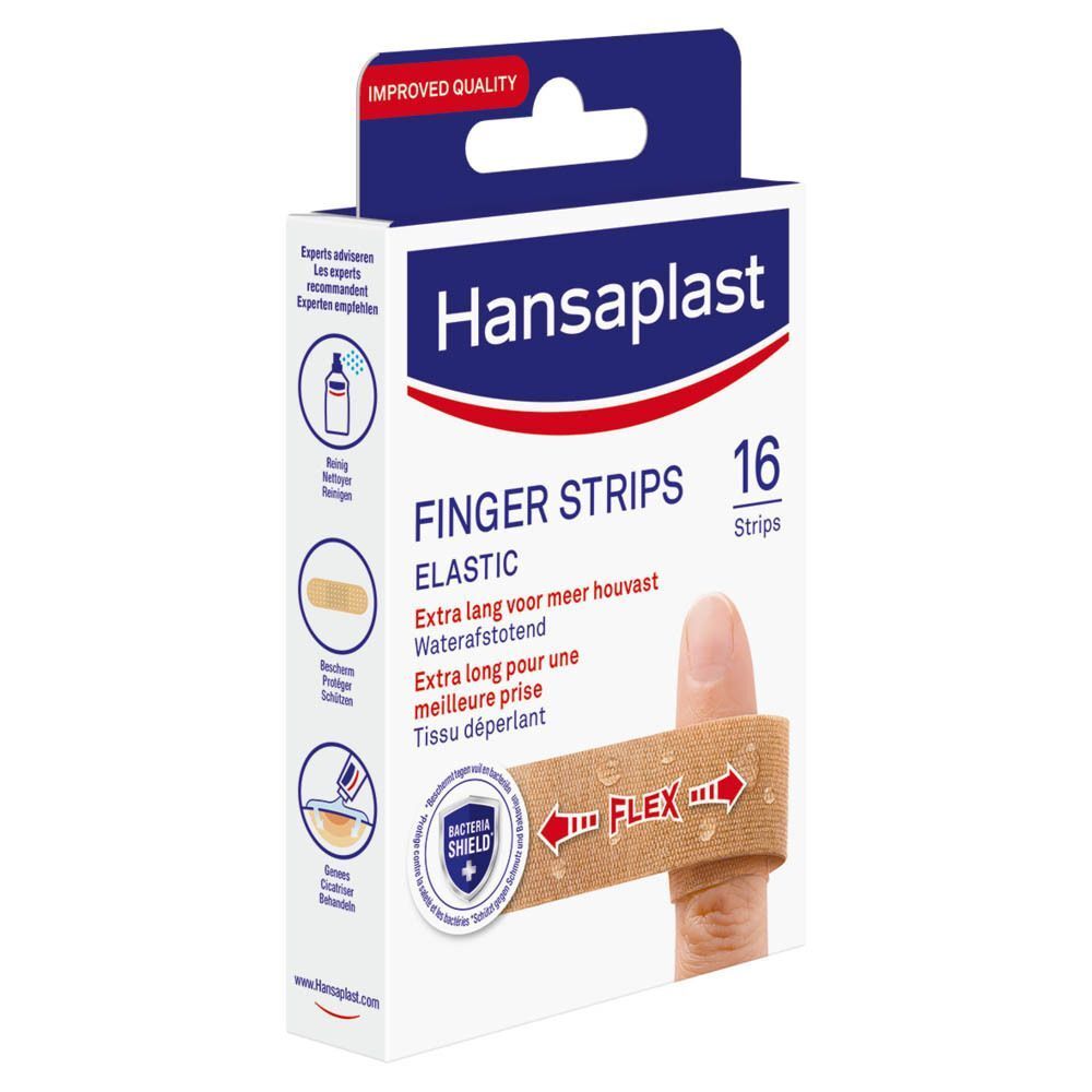 Verpakking vingerpleisters. Opschrift: Hansaplast Finger Strips, 16 Strips. Pleister op vinger.