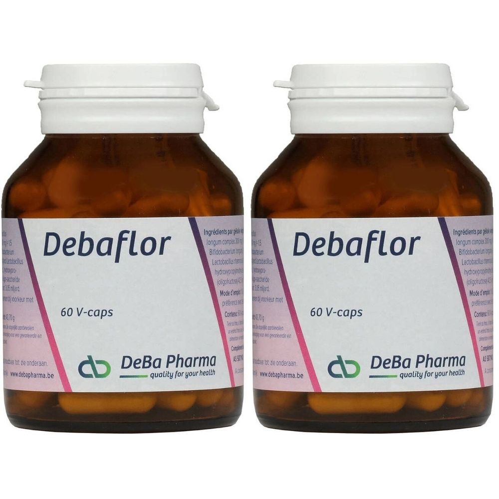 Twee bruine glazen flessen met witte doppen. Op het etiket staat "Debaflor" en "60 V-caps". Het logo van DeBa Pharma is ook zichtbaar.
