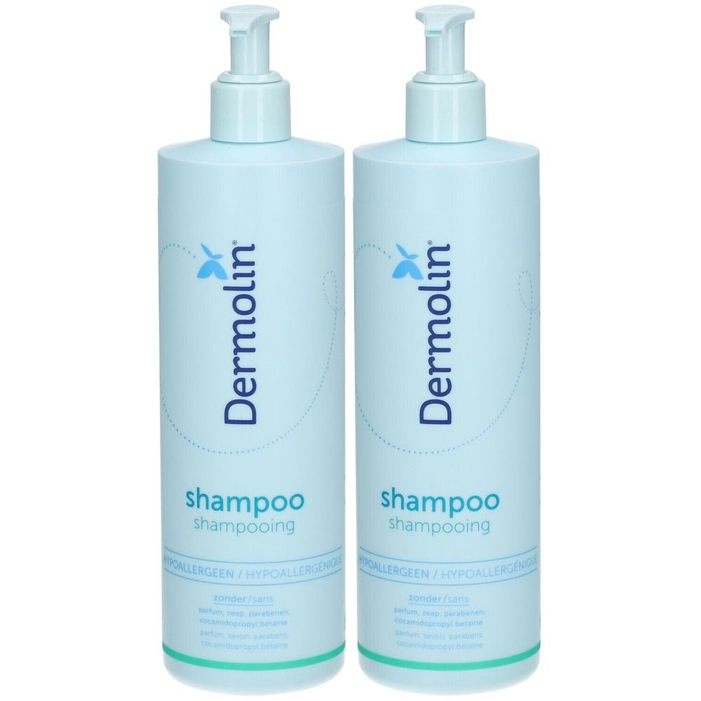 Deux flacons bleu clair avec pompe. Inscription : Dermolin, Shampooing. Hypoallergénique.
