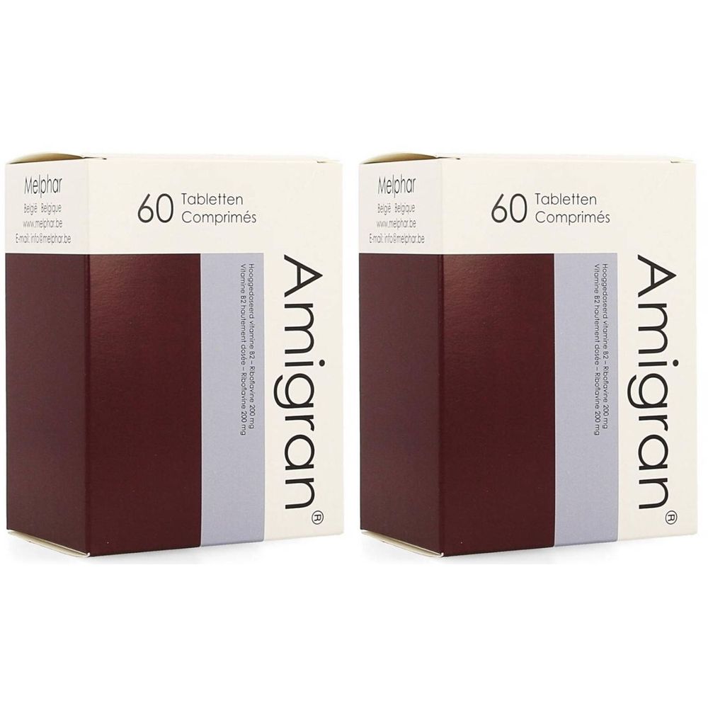 Twee rechthoekige dozen. Op de voorkant staat "Amigran" in hoofdletters. Bovenaan staat "60 tabletten".