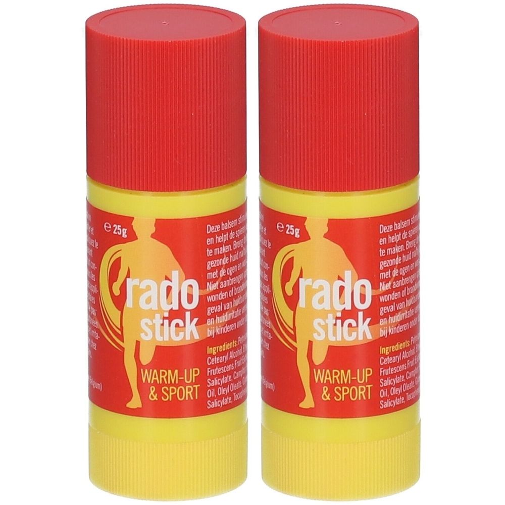 Deux bâtons jaune et rouge. Inscription : Rado Stick, Warm-up & Sport. Un bâton porte la mention "e 25g".