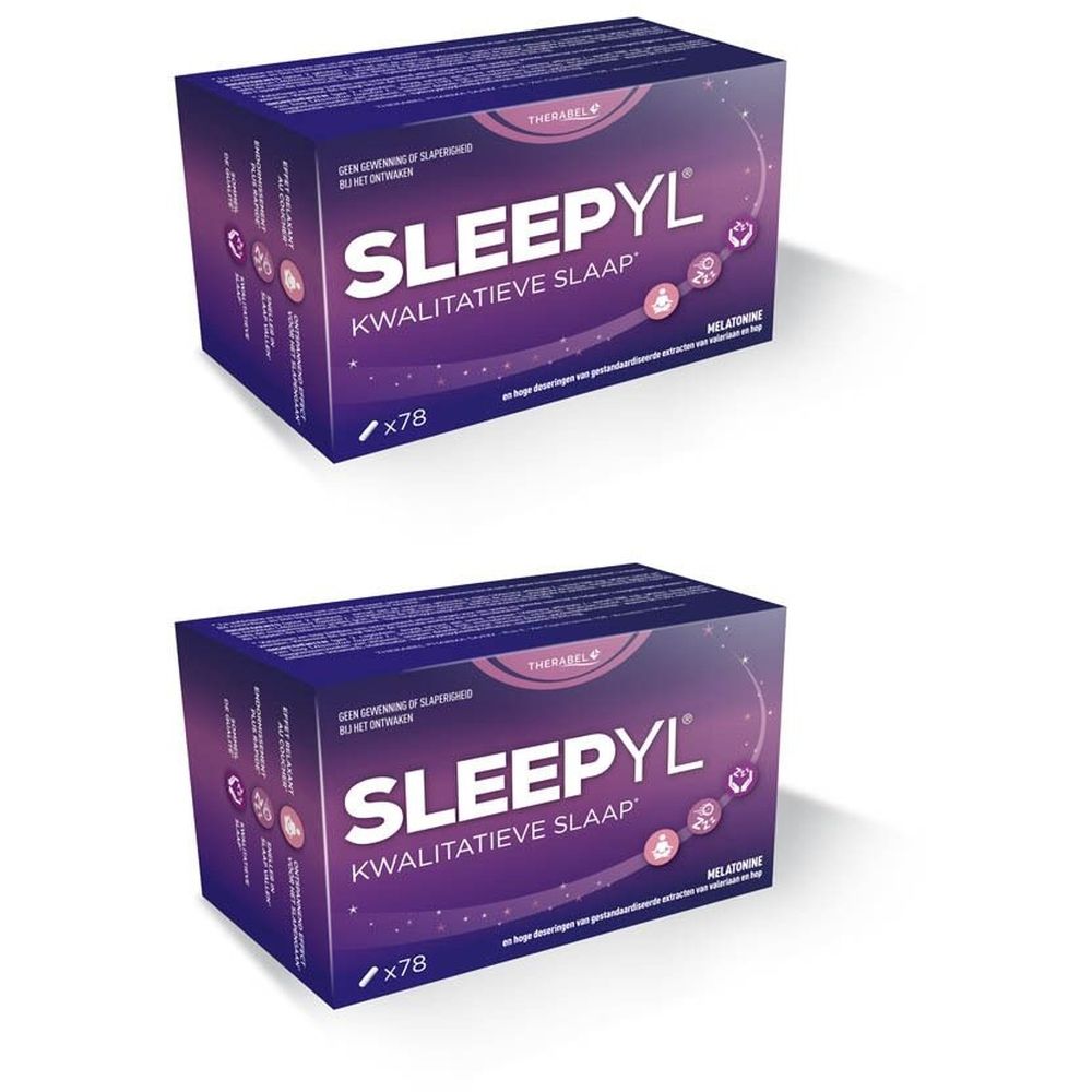 Twee dozen Sleepyl. Paarse verpakking met witte tekst. Bevat melatonine. x78.