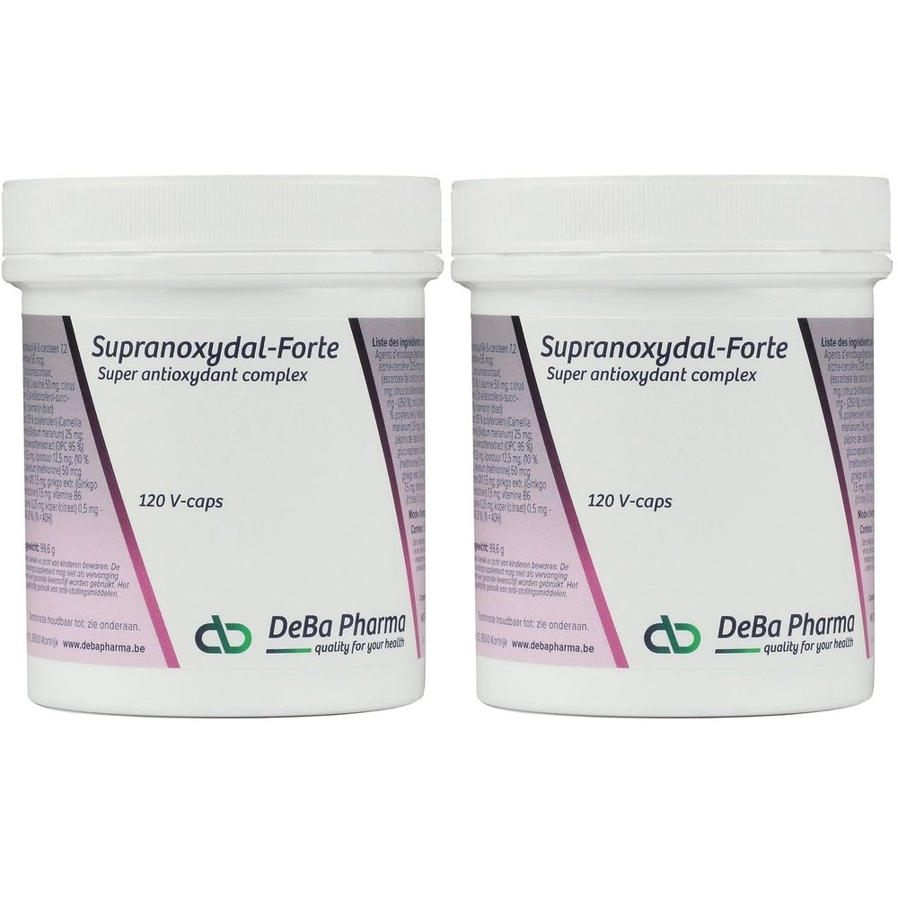 Deux pots blancs avec couvercles. L'étiquette indique "Supranoxydal-Forte, Super antioxydant complex" et "120 V-caps". Logo DeBa Pharma.
