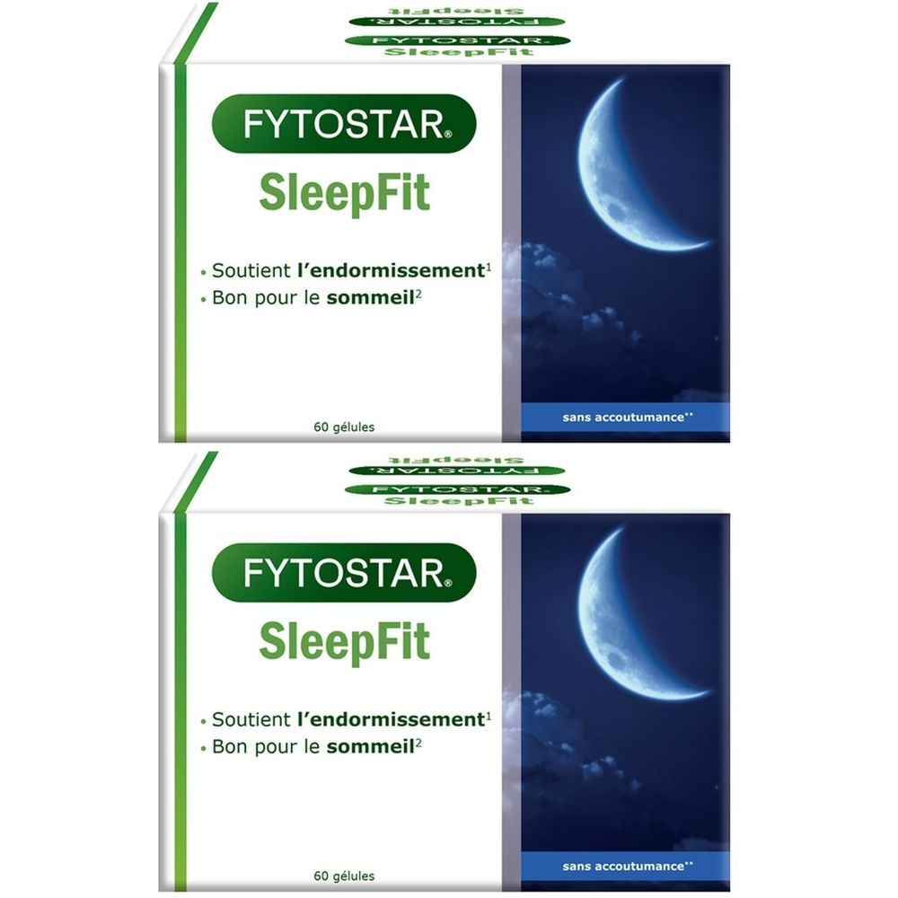 Deux boîtes de Fytostar SleepFit. Emballage vert et blanc avec nom du produit et lune. Contient 60 gélules.