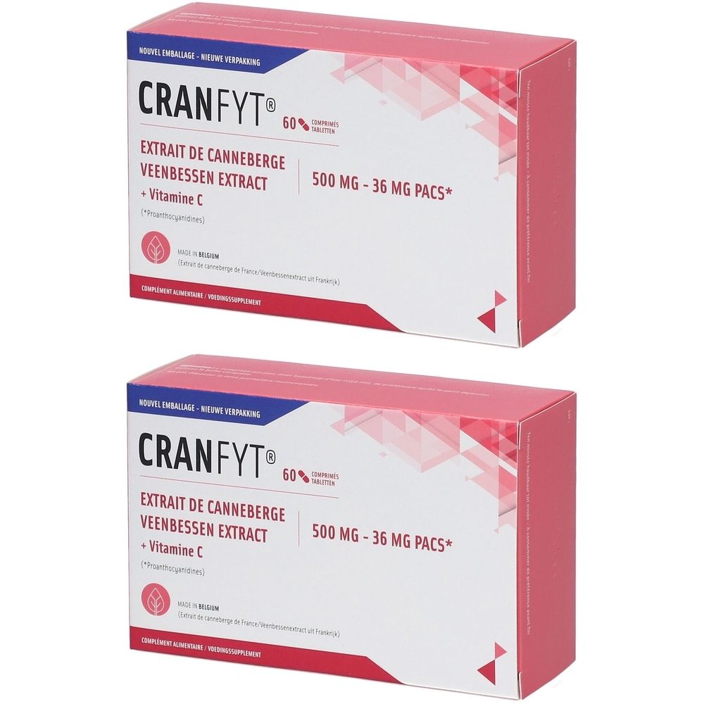 Deux boîtes rectangulaires. Inscription: CRANFYT, extrait de canneberge, vitamine C, 500 mg - 36 PACS.