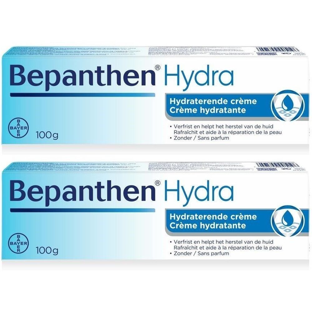 Deux tubes de Bepanthen Hydra Crème Hydratante. Emballage bleu et blanc avec nom et logo du produit. 100g.