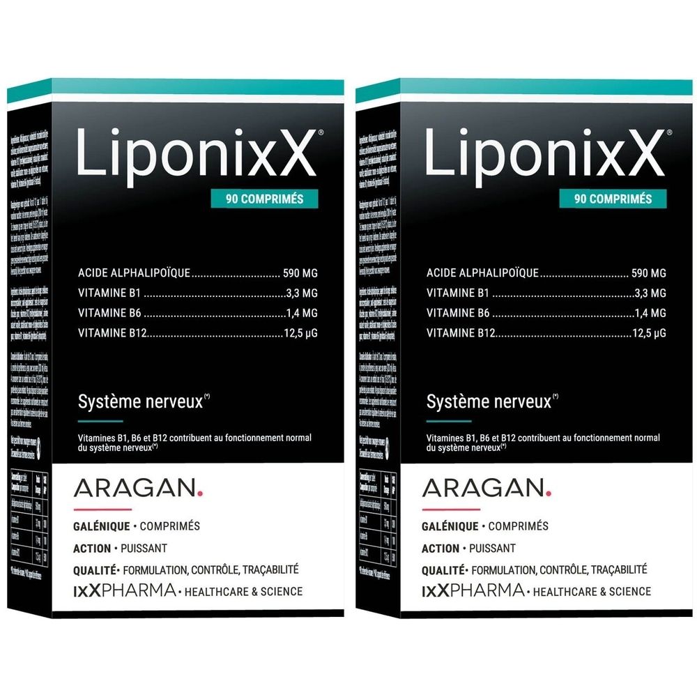 Deux boîtes LIPONIXX®. Informations produit : acide alpha-lipoïque, vitamines B6, B12. Texte blanc sur fond noir. 90 comprimés.