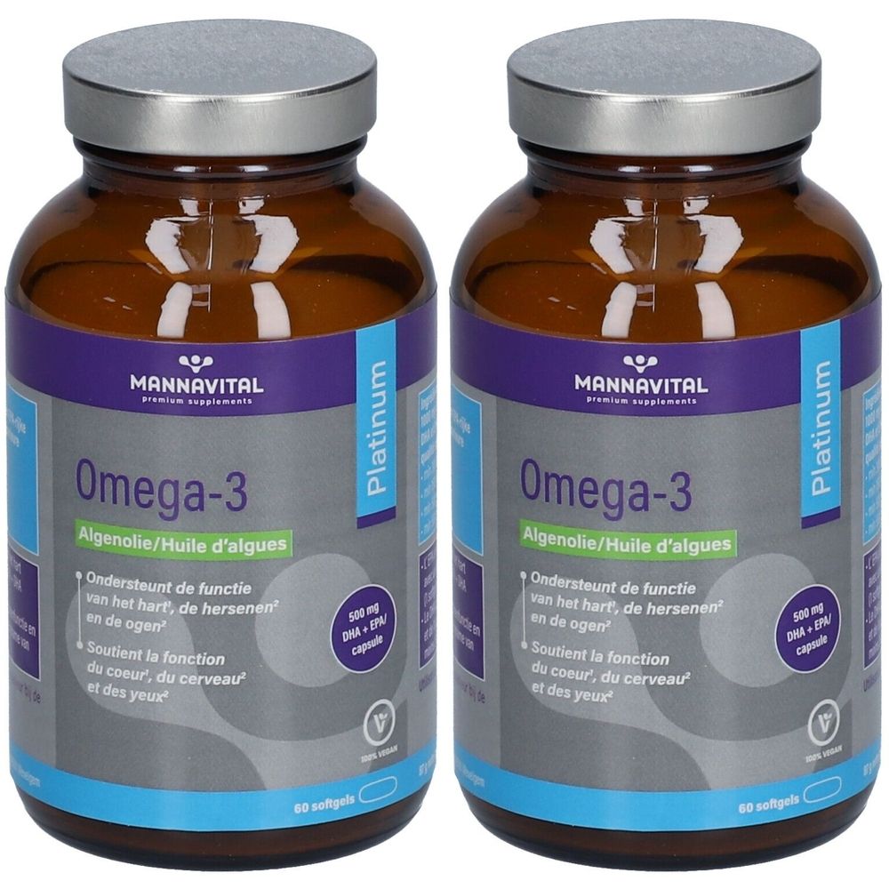 Deux flacons en verre brun avec des couvercles argentés. Les étiquettes indiquent "Omega-3" et "Mannavital".