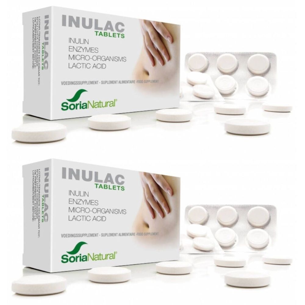 Twee dozen en tabletten van Inulac. Opschrift: Inuline, enzymen, micro-organismen, melkzuur. Merk: Soria Natural.