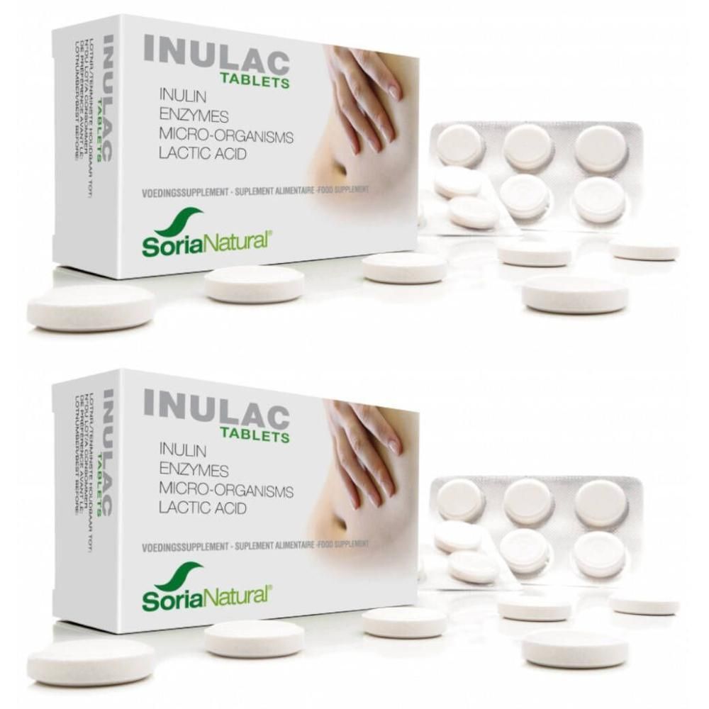 Deux boîtes et comprimés INULAC. Inscription : INULIN ENZYMES MICRO-ORGANISMS LACTIC ACID. Marque Soria Natural.
